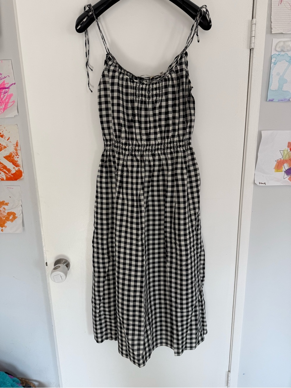 Doen Leslie Dress in Black Marilyn Gingham Midi Dress with Tie Straps